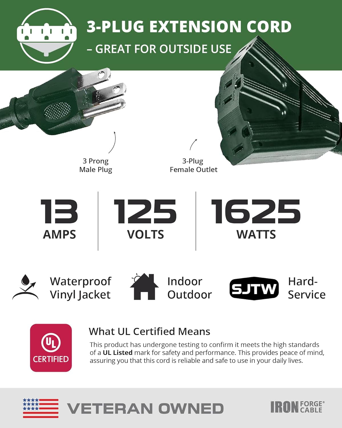 40 Foot Outdoor Extension Cord with 3 Electrical Power Outlets - 16/3 SJTW Durable Cable