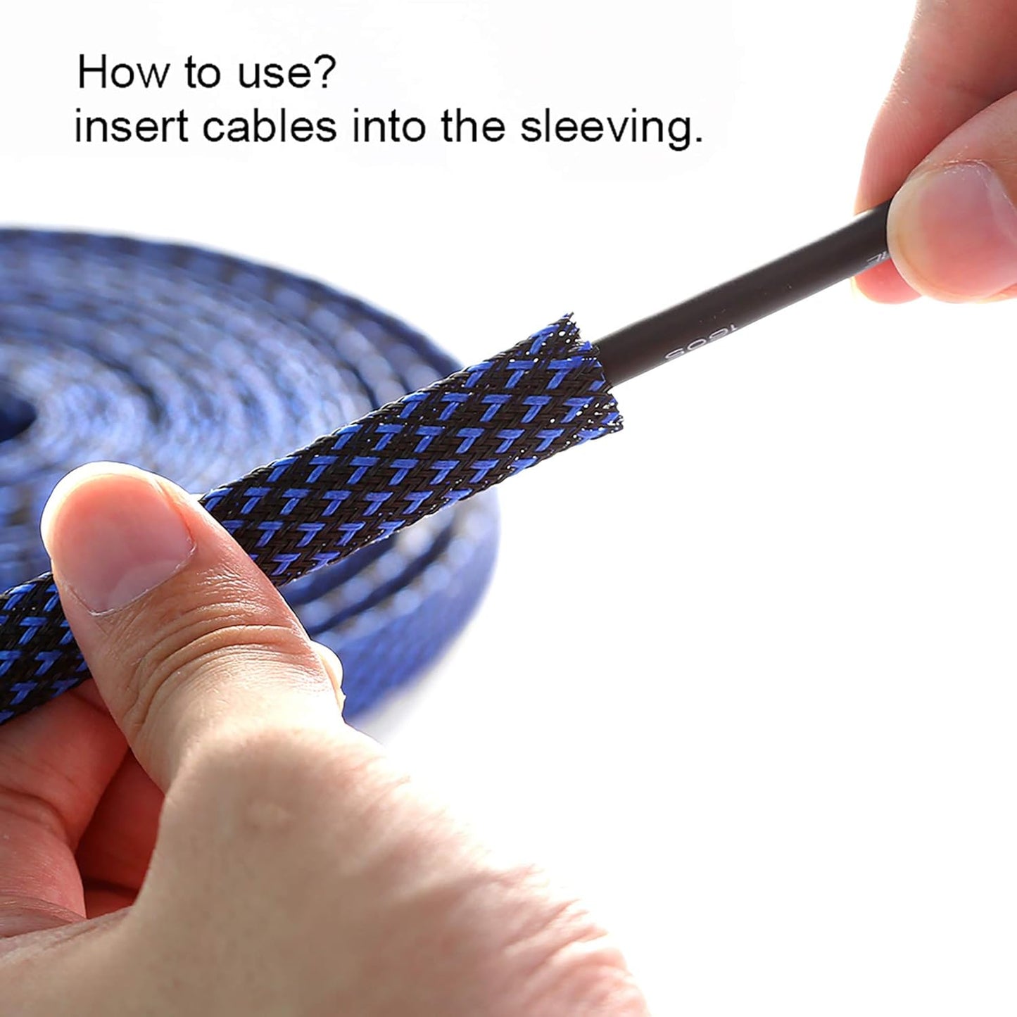 25Ft - 3/4 Inch PET Expandable Braided Sleeving – Blackblue – Braided Cable Sleeve
