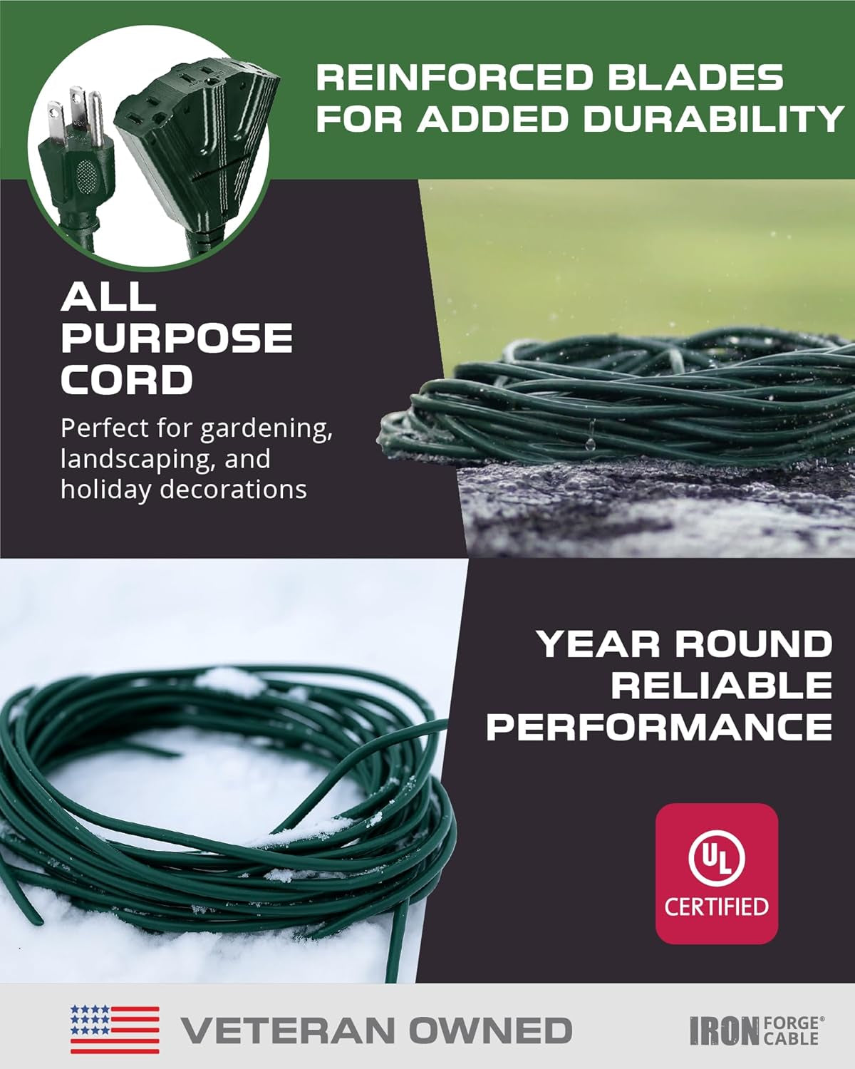 40 Foot Outdoor Extension Cord with 3 Electrical Power Outlets - 16/3 SJTW Durable Cable