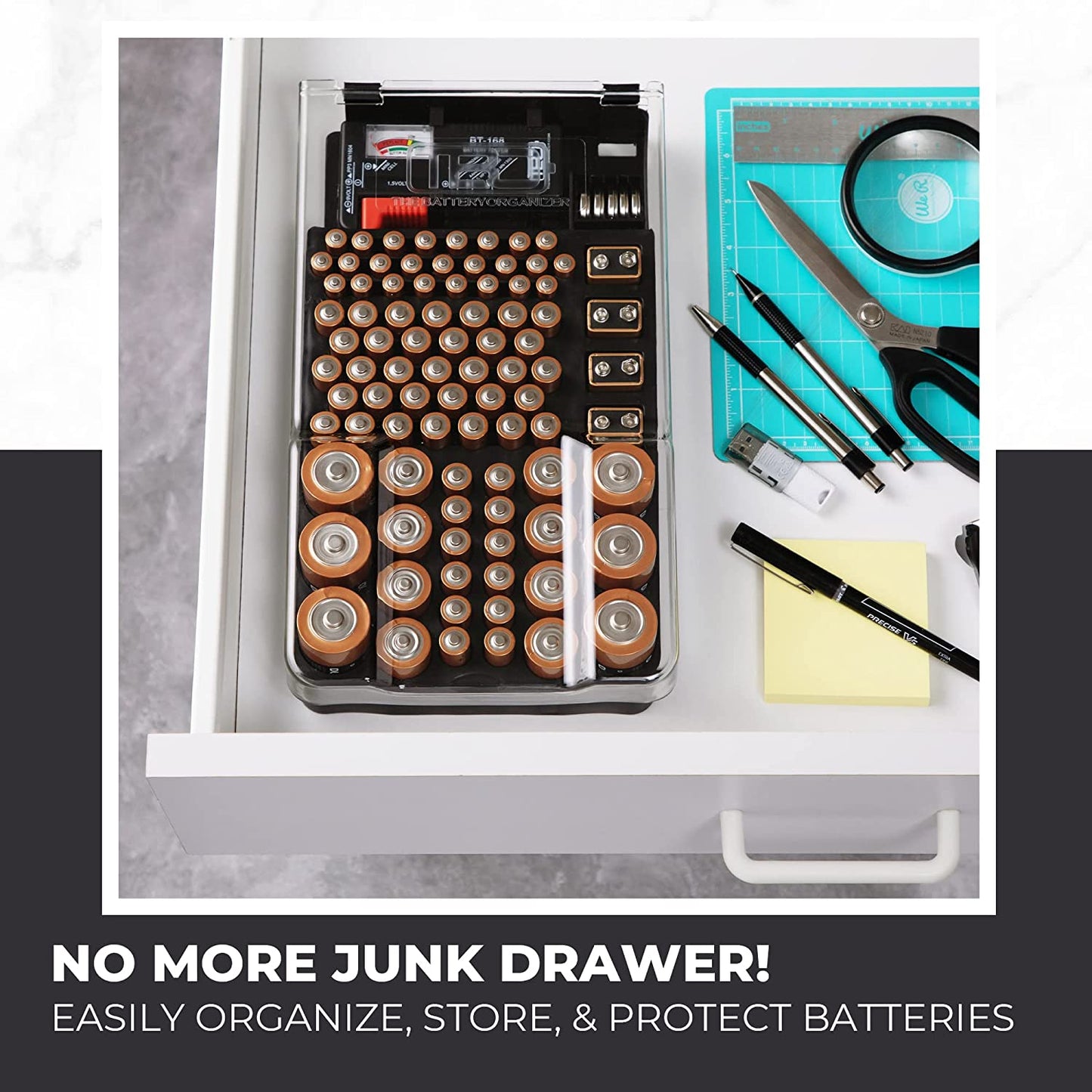 and Tester with Cover, Storage Organizer and Case, Holds 93 Batteries of Various Sizes, Includes a Removable Battery Tester, Battery Holder for Garage Organization, Black