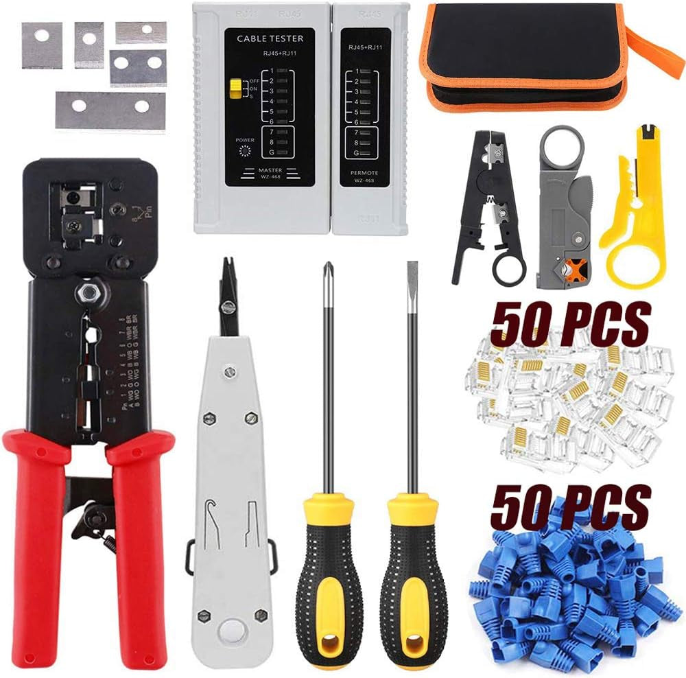 LEATBUY RJ45 Crimp Tool Set for Crimper Kit CAT5/CAT6 Ethernet Crimping Tool for Pass through 50PCS Connectors, 50PCS Covers Network Wire LAN Cable Tester Stripper Punch down Cutter(Rose Red)