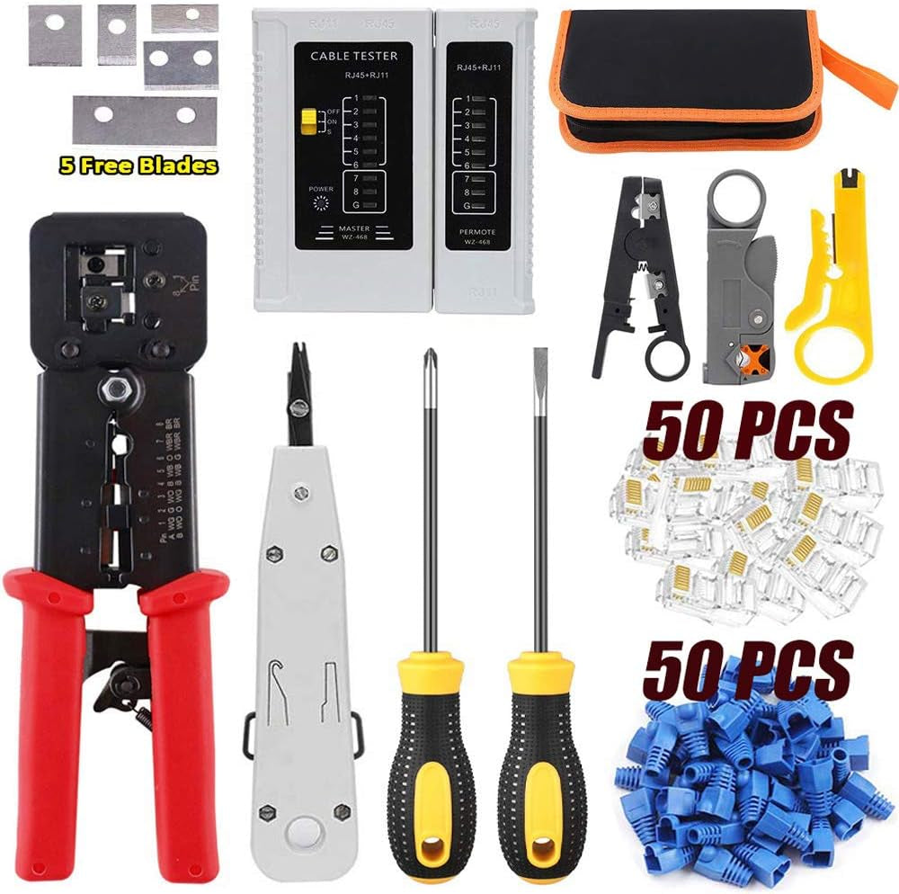 LEATBUY RJ45 Crimp Tool Set for Crimper Kit CAT5/CAT6 Ethernet Crimping Tool for Pass through 50PCS Connectors, 50PCS Covers Network Wire LAN Cable Tester Stripper Punch down Cutter(Rose Red)