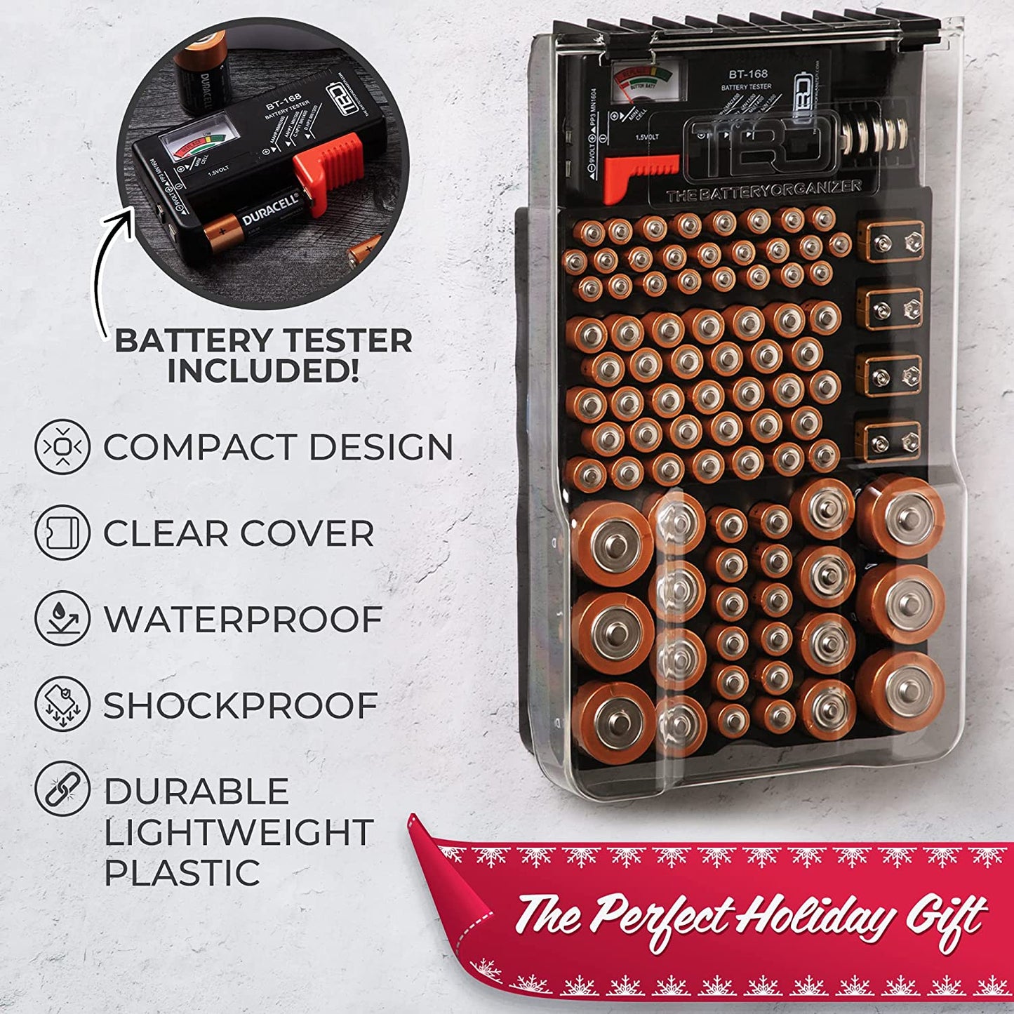 and Tester with Cover, Storage Organizer and Case, Holds 93 Batteries of Various Sizes, Includes a Removable Battery Tester, Battery Holder for Garage Organization, Black