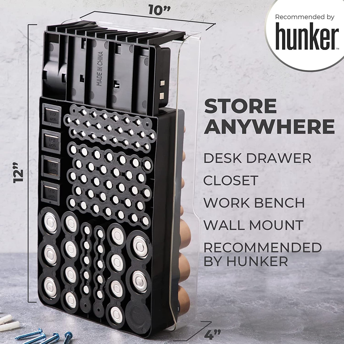 and Tester with Cover, Storage Organizer and Case, Holds 93 Batteries of Various Sizes, Includes a Removable Battery Tester, Battery Holder for Garage Organization, Black