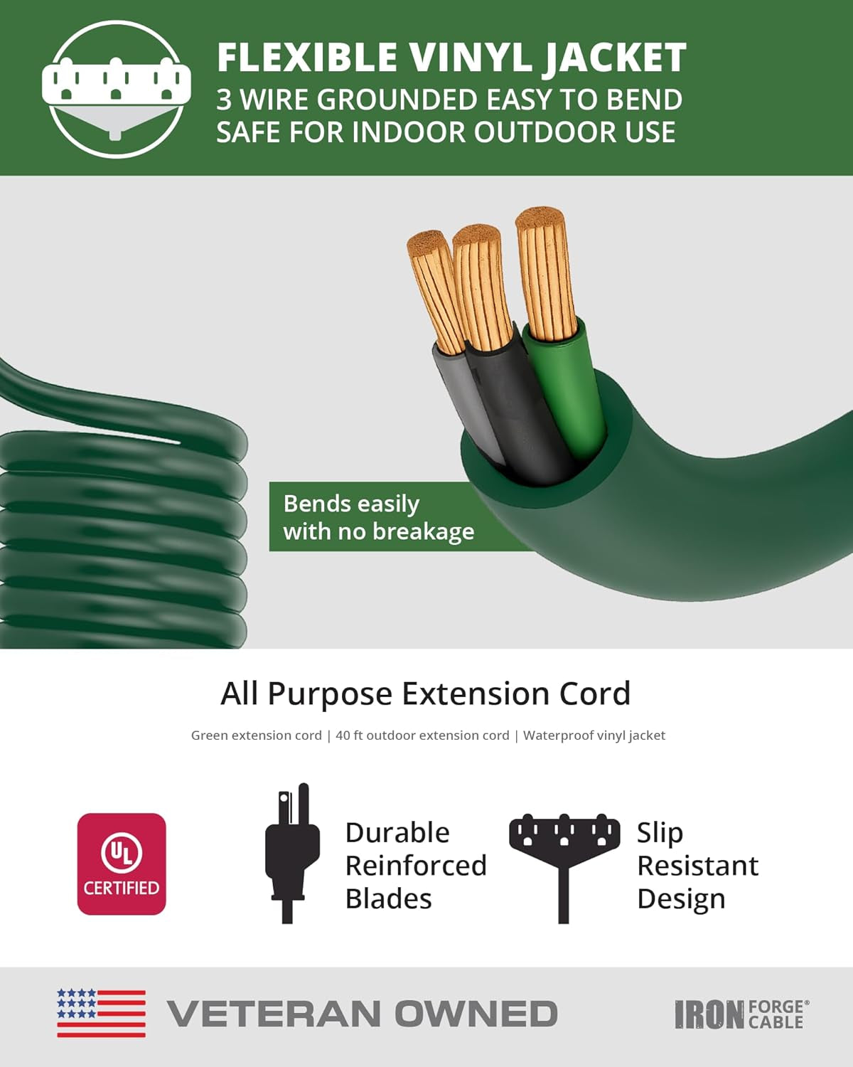 40 Foot Outdoor Extension Cord with 3 Electrical Power Outlets - 16/3 SJTW Durable Cable