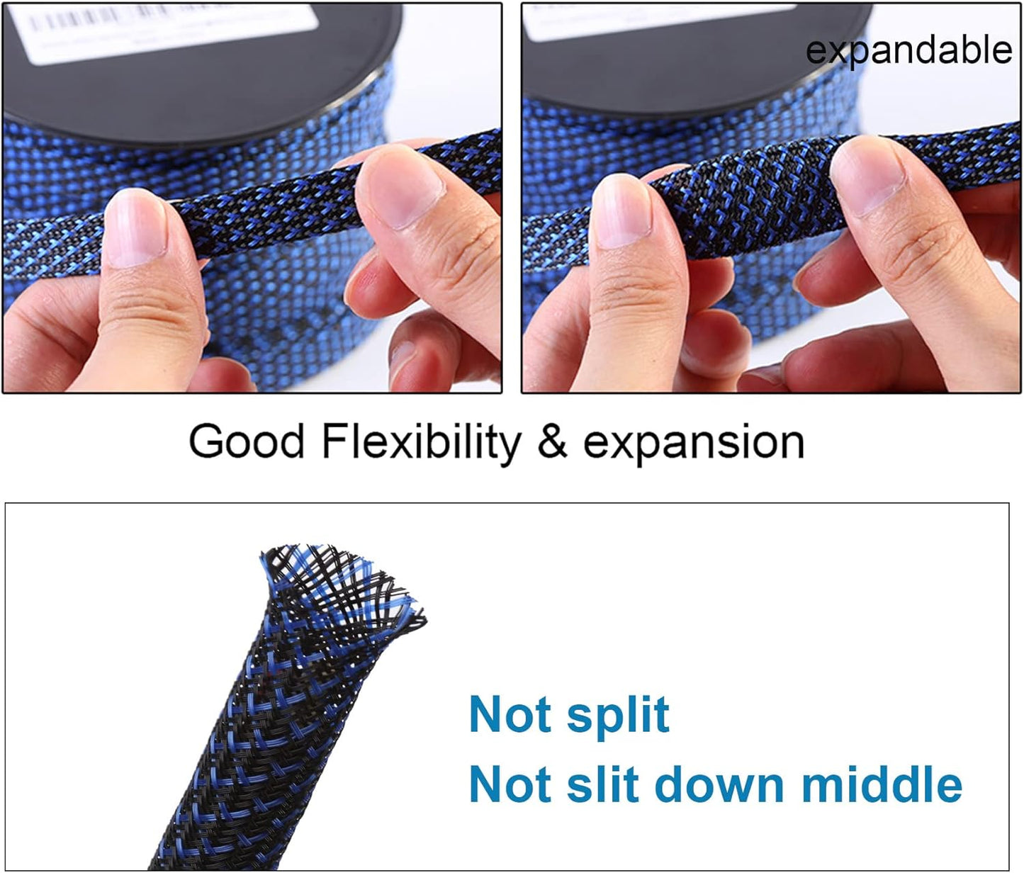 25Ft - 3/4 Inch PET Expandable Braided Sleeving – Blackblue – Braided Cable Sleeve