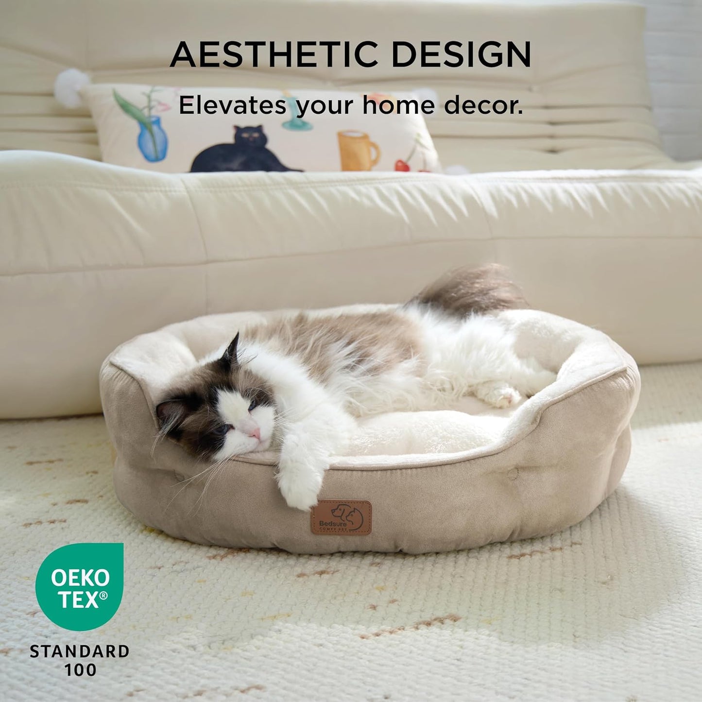 Dog Beds for Small Dogs - round Cat Beds for Indoor Cats, Washable Pet Bed for Puppy and Kitten with Slip-Resistant Bottom, 20 Inches, Camel