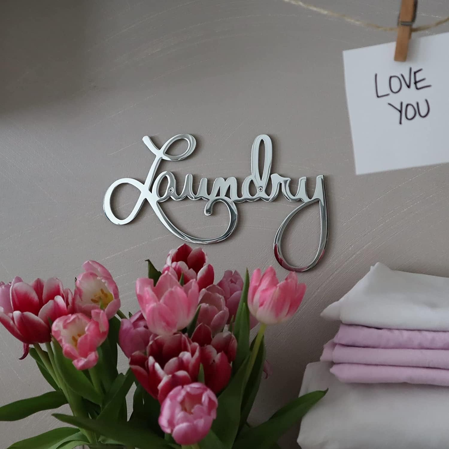 Metal Laundry Sign for Wall Decor - Silver, 11 X 6.3 Inches Laundry Room Decor - Hand Polished Stainless Steel with Installation Kit - Metal Script Words Decoration