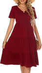 Women'S Casual Summer Tiered Midi Dress 2025 Short Sleeve V-Neck Loose Cotton Ruffle Babydoll Dress Boho Sundress