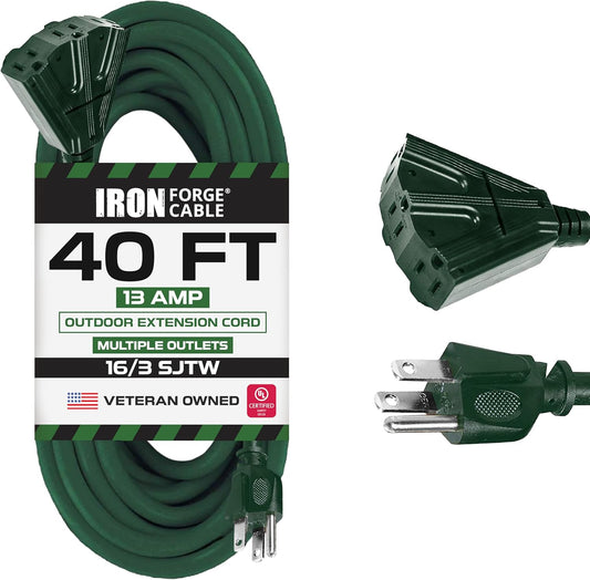 40 Foot Outdoor Extension Cord with 3 Electrical Power Outlets - 16/3 SJTW Durable Cable