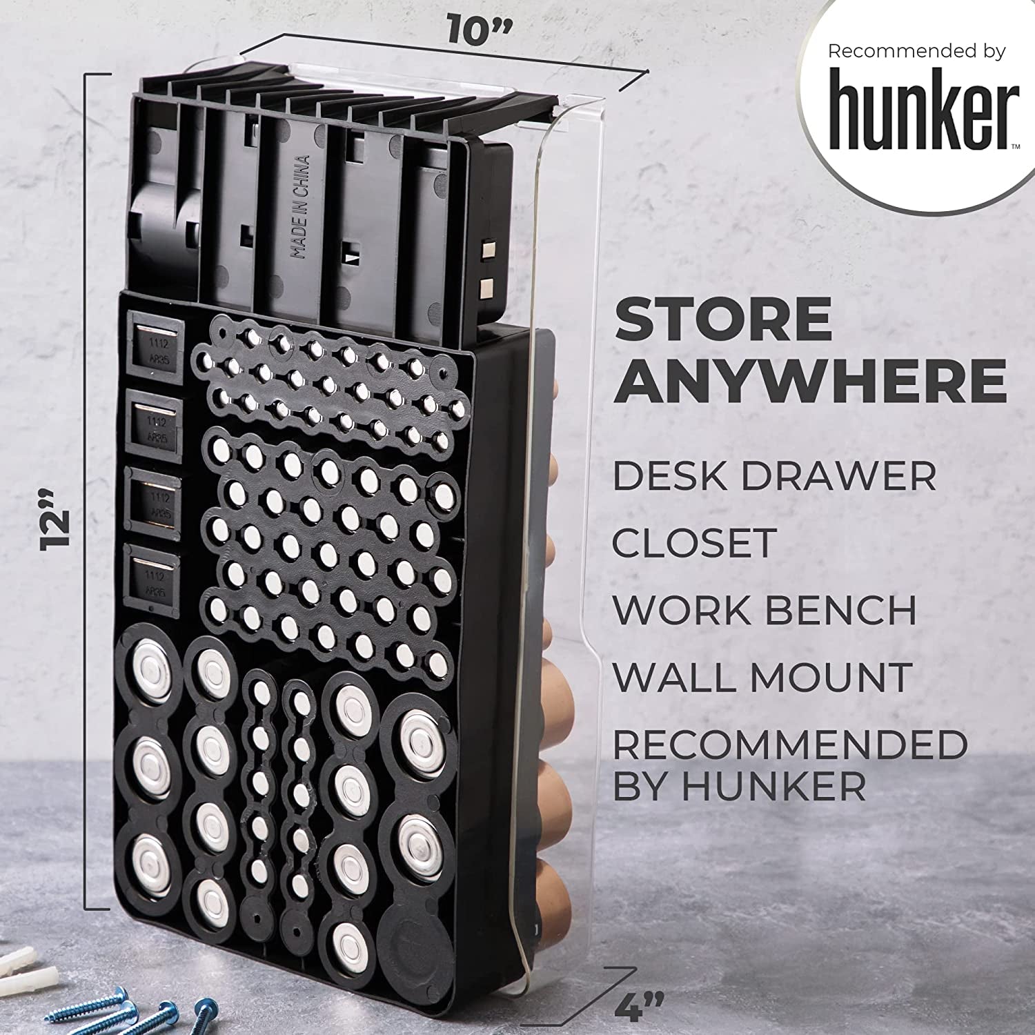 and Tester with Cover, Storage Organizer and Case, Holds 93 Batteries of Various Sizes, Includes a Removable Battery Tester, Battery Holder for Garage Organization, Black