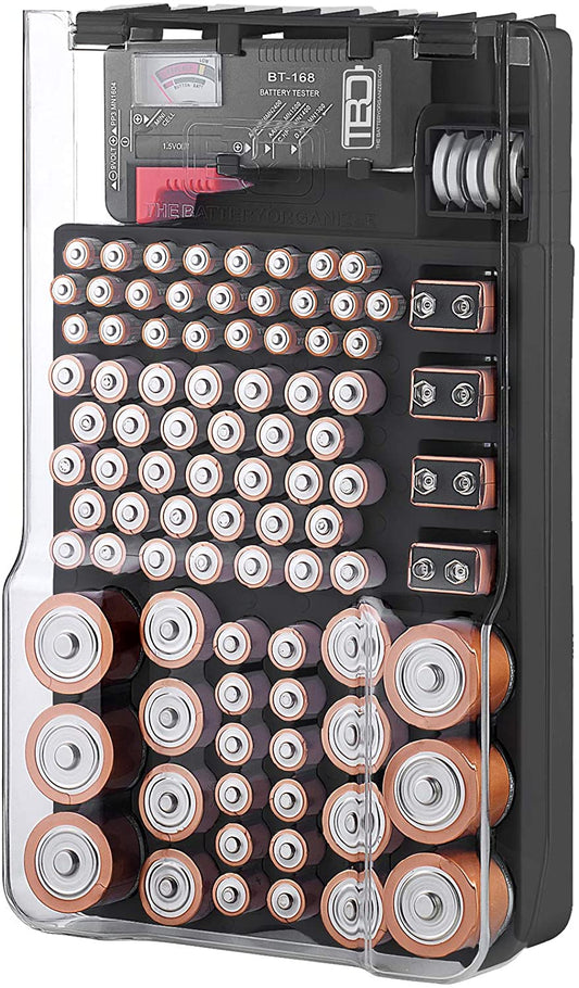 and Tester with Cover, Storage Organizer and Case, Holds 93 Batteries of Various Sizes, Includes a Removable Battery Tester, Battery Holder for Garage Organization, Black